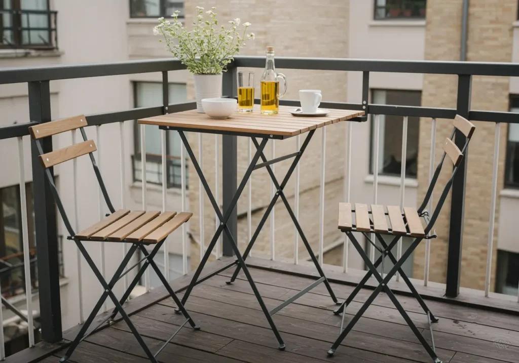 Tavolino pieghevole agganciato alla ringhiera e sedie pieghevoli per piccoli balconi