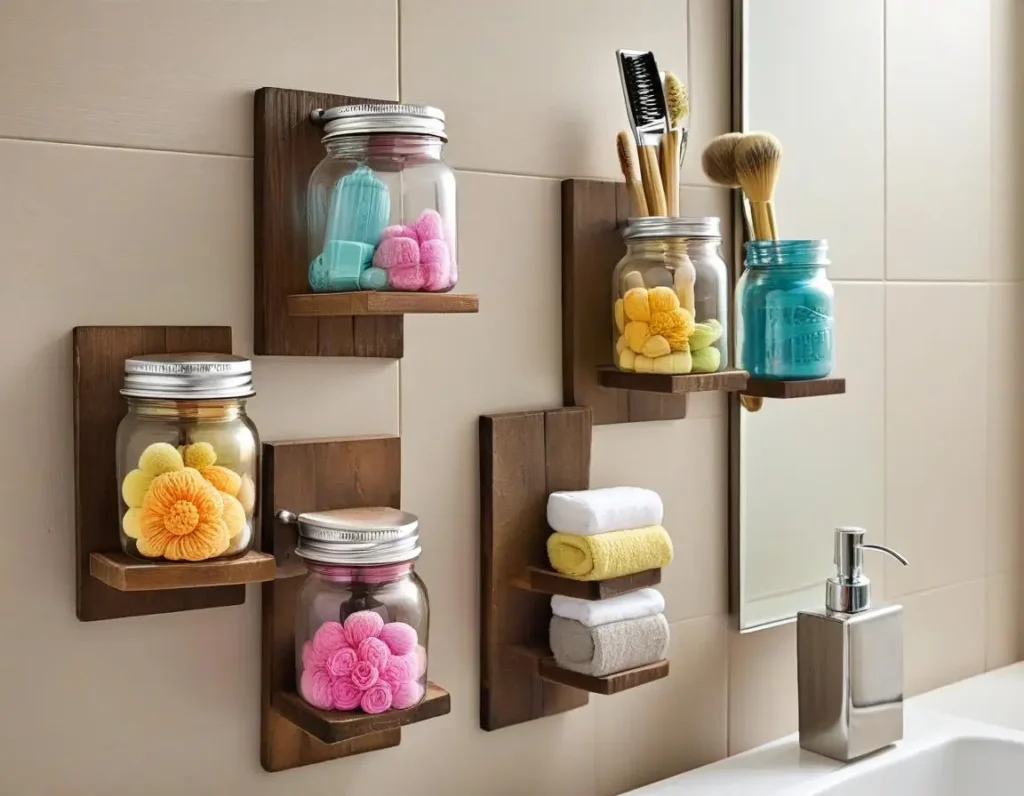 Barattoli colorati montati su legno per organizzare accessori da bagno