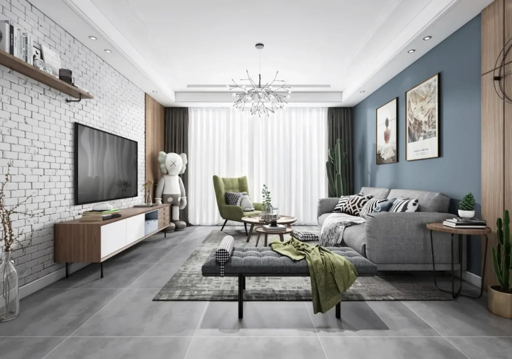 Soggiorno moderno con parete TV ordinata, ceste decorative e cuscini abbinati.