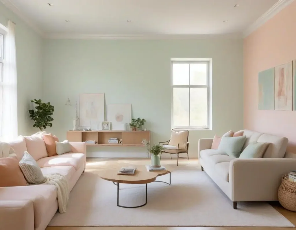 Soggiorno con pareti chiare color pastello che aumentano luminosità e spazio percepito