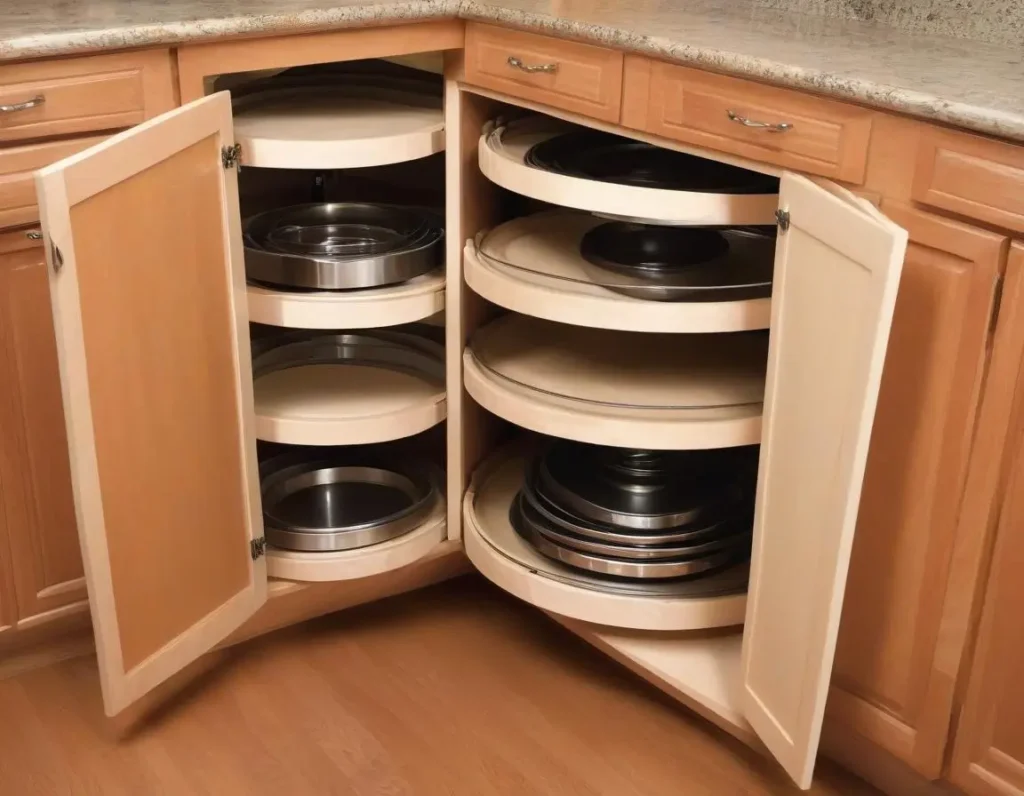 Sistema girevole lazy Susan in un pensile ad angolo della cucina