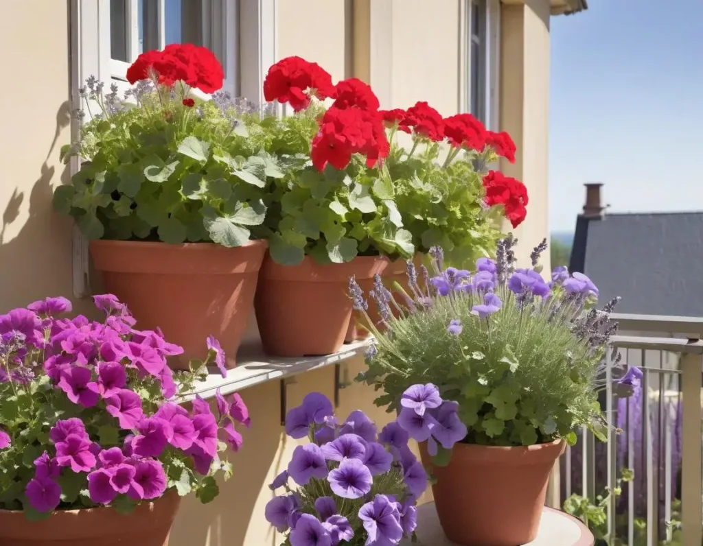 Gerani, lavanda e petunie su balcone esposto al sole