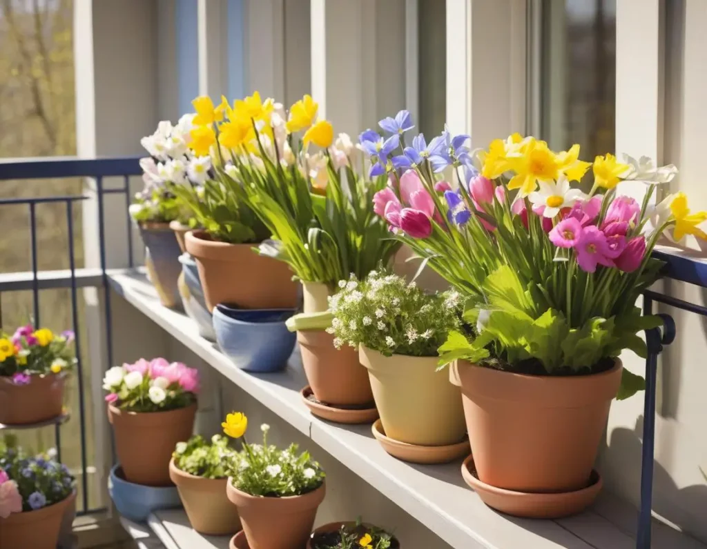 Vasi di fiori primaverili disposti su un balcone assolato