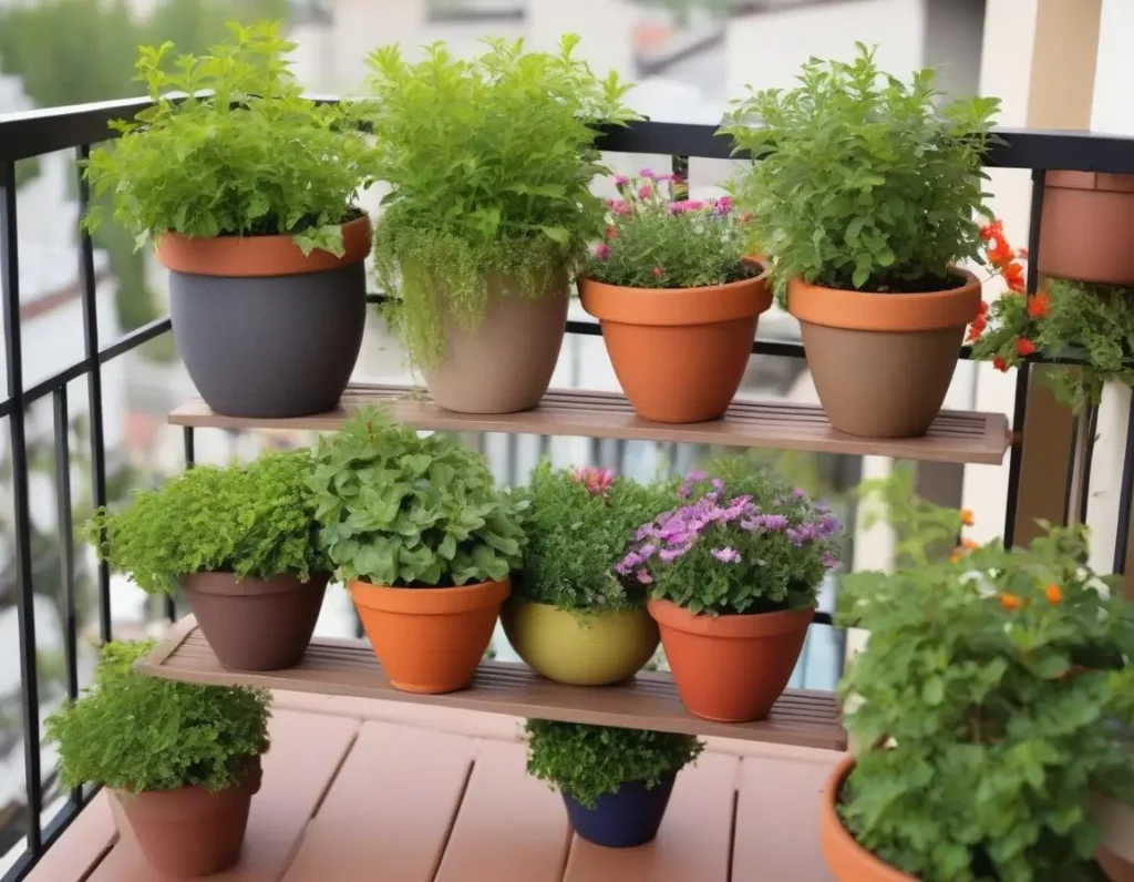 Piante aromatiche e fiori in piccoli vasi decorativi per balconi con poco spazio