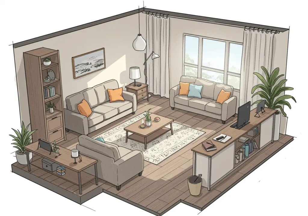 Piantina disegnata a mano per arredare un soggiorno piccolo