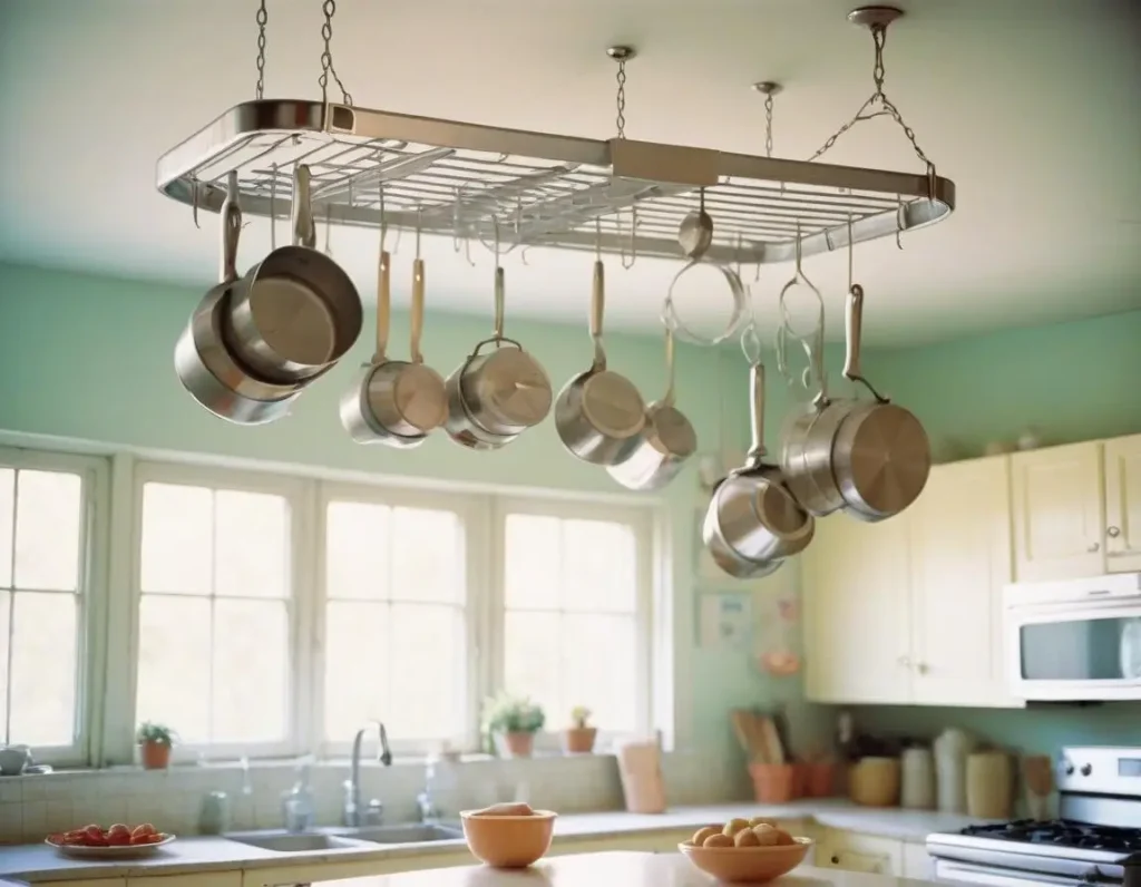 Porta pentole sospeso per sfruttare lo spazio sul soffitto della cucina