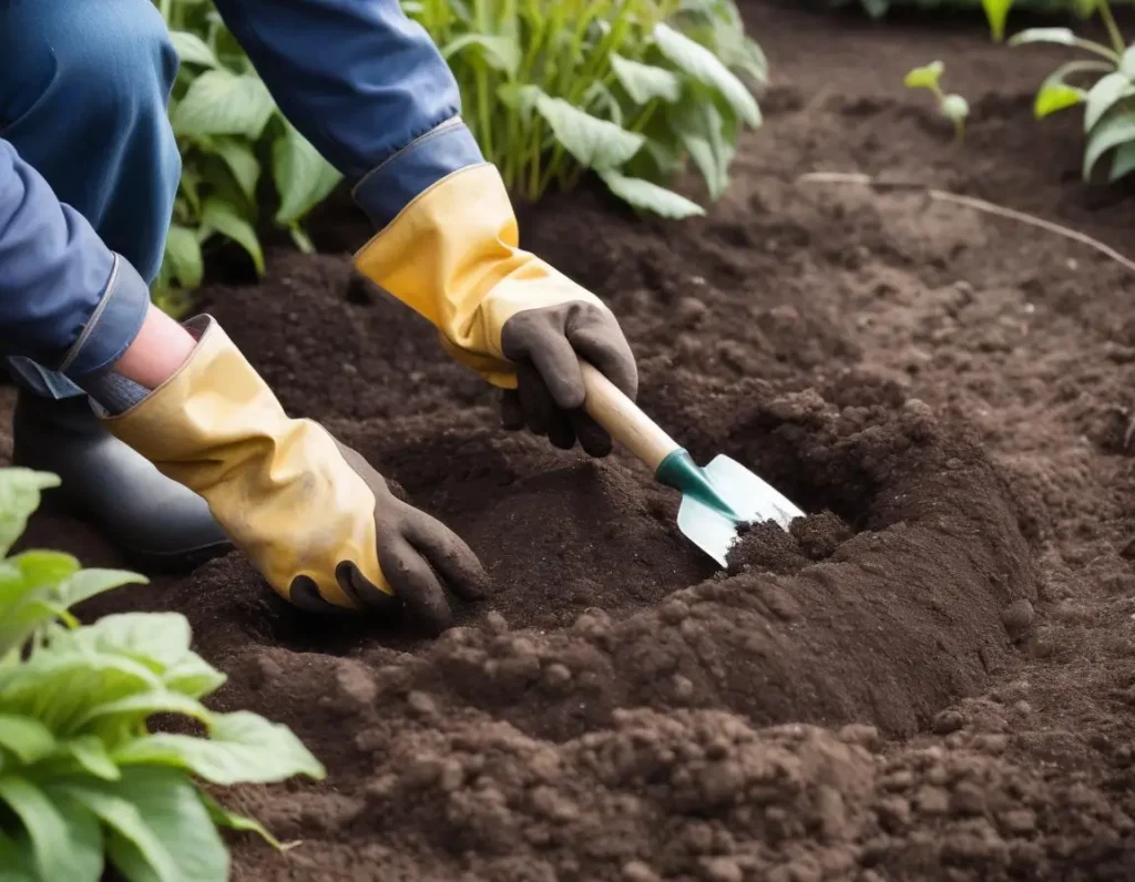 Persona che lavora il terreno del giardino con vanga e guanti