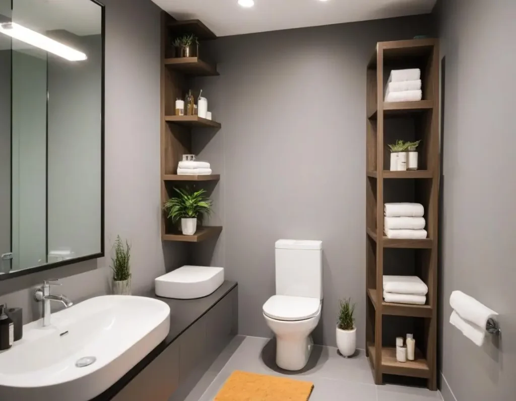 Scaffali verticali sopra il water in un bagno moderno e compatto