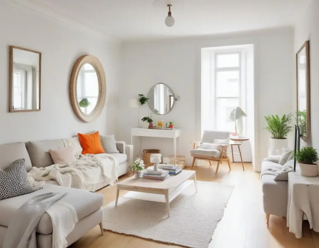 Soggiorno luminoso con pareti chiare e grande specchio