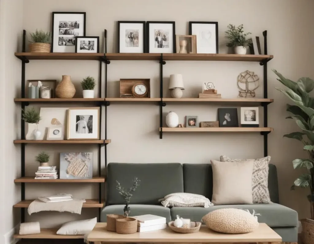 Parete soggiorno con mensole e decorazioni organizzate