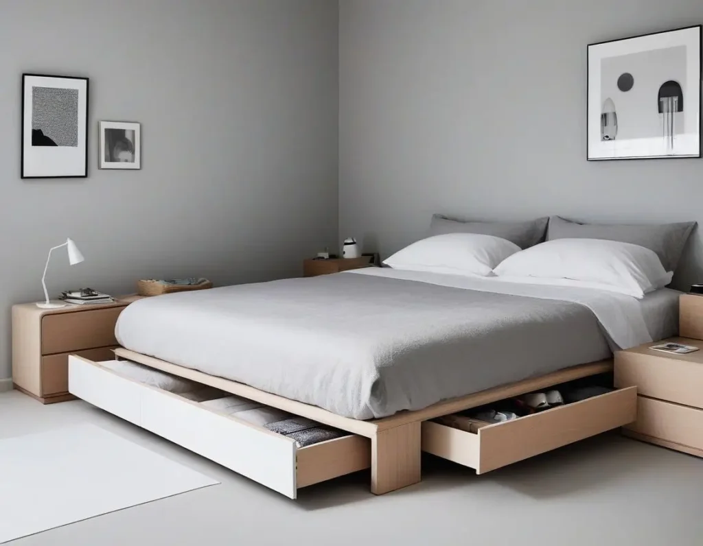 Camera da letto minimal con soluzioni intelligenti di storage sotto il letto e comodini con cassetti