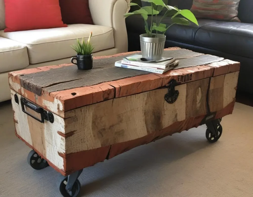 Tavolino realizzato con baule riciclato, usato come contenitore e seduta