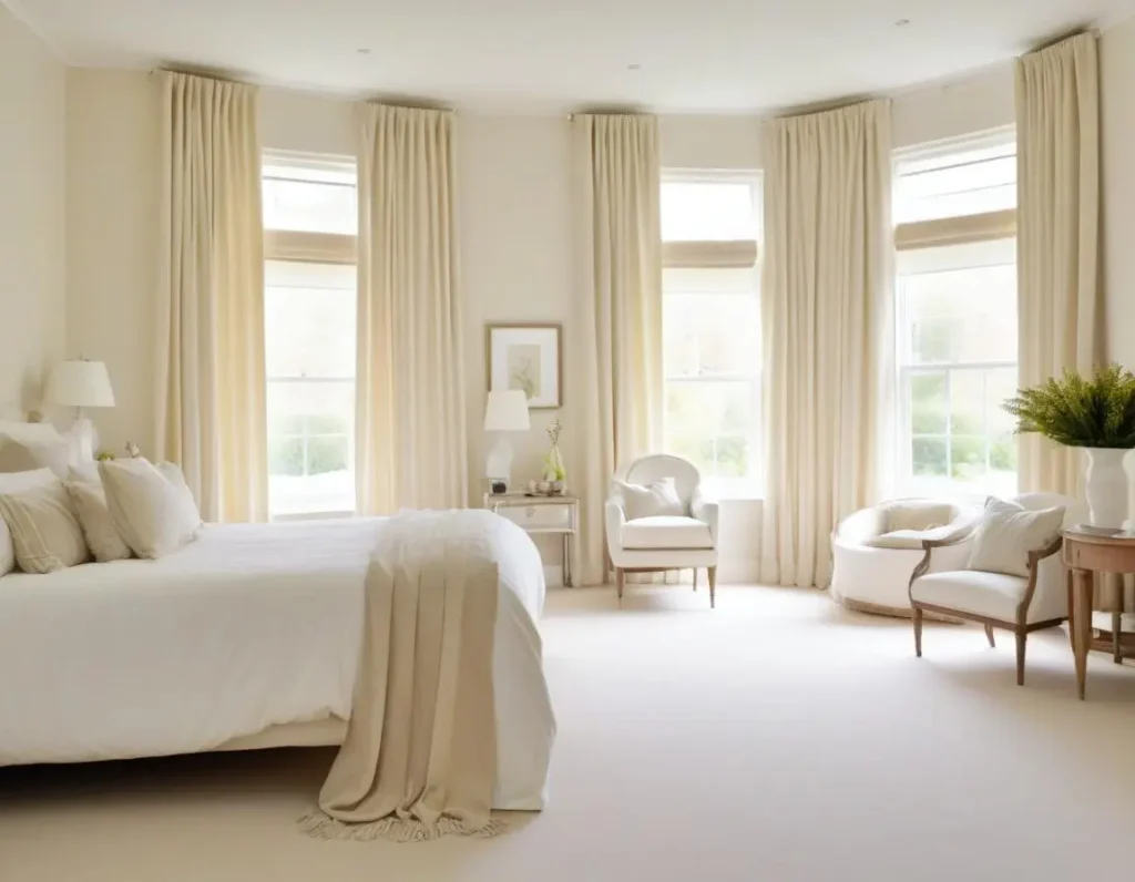 Tende lunghe color crema in una camera da letto luminosa