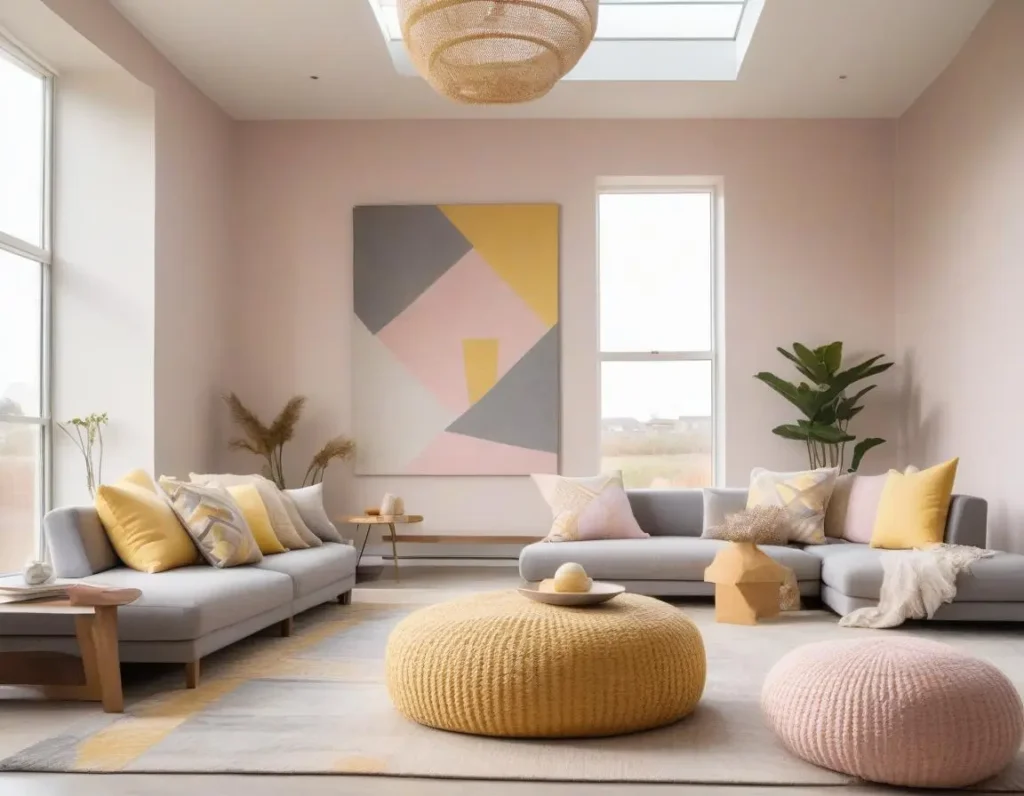 Cuscini colorati e tappeto in fibra naturale per decorare un soggiorno