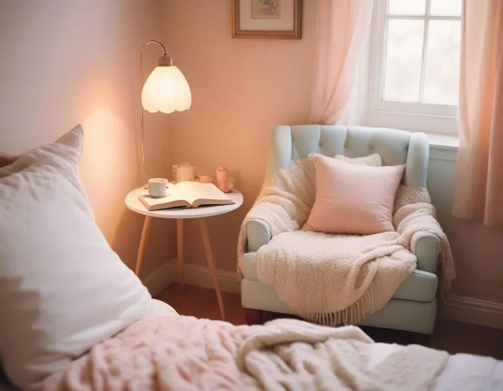 Angolo lettura accogliente in camera da letto con luce calda