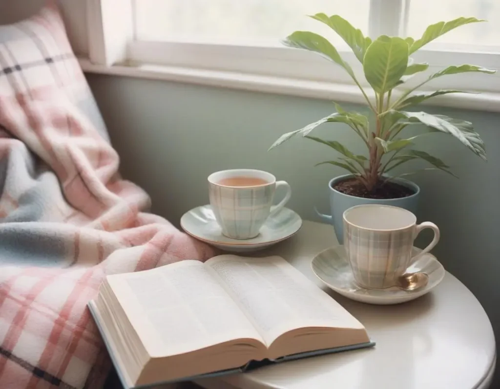 Angolo lettura con plaid, pianta e tazza di tè