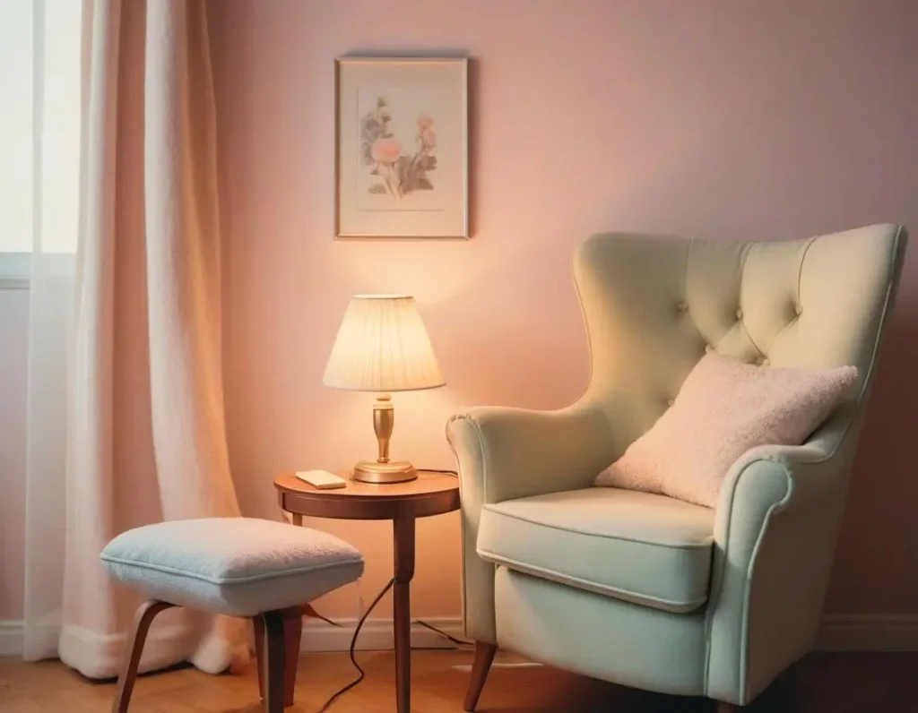 Lampada da lettura con luce calda accanto alla poltrona