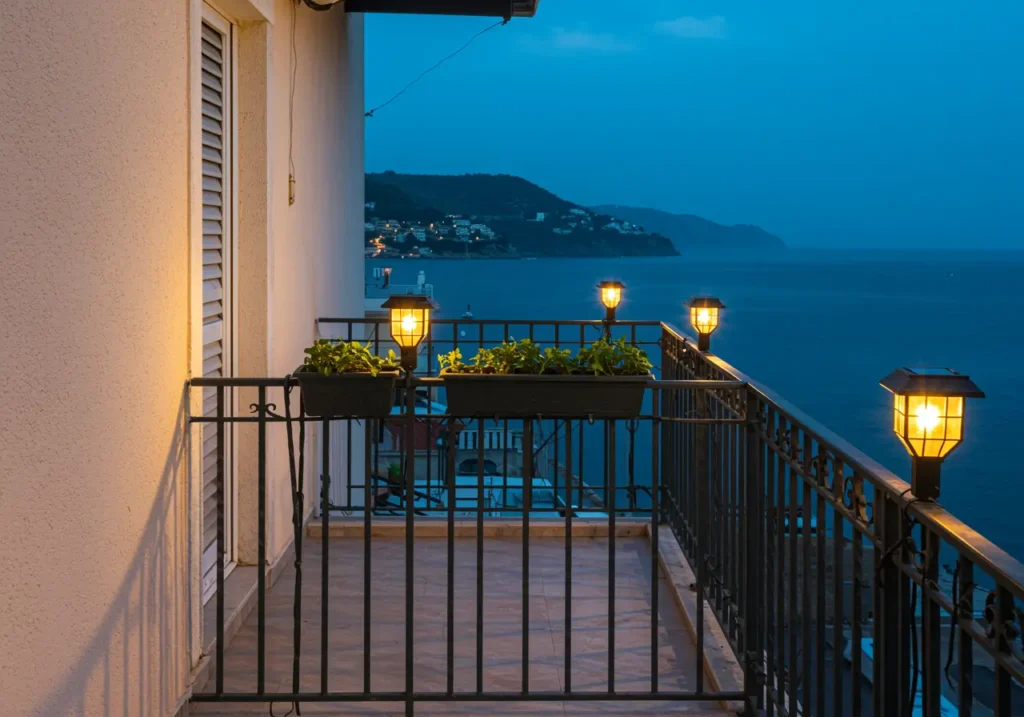 Esempio di balcone piccolo con luci solari da ringhiera