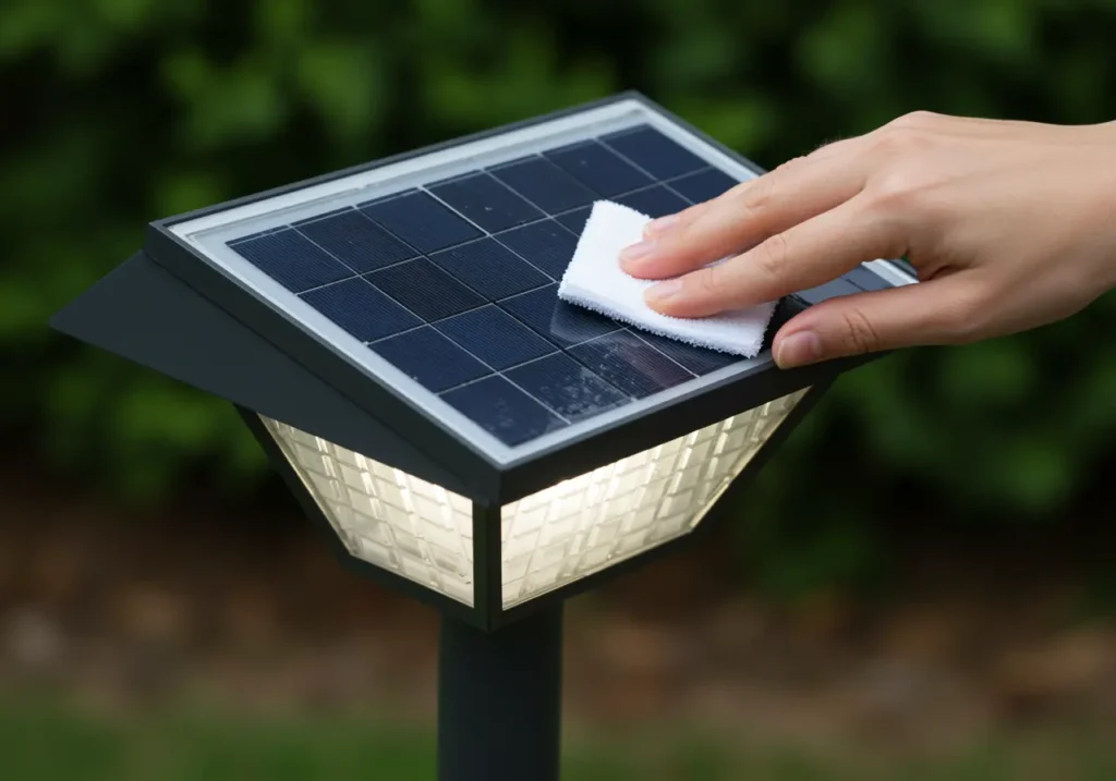 Mano che pulisce un pannello solare su lampada da esterno